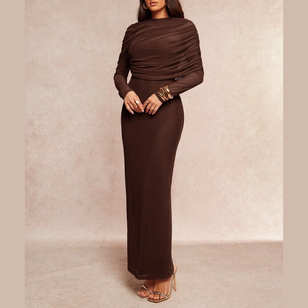 Espresso Brown Draped Cape Ruched Bodycon Sheer Maxi Dress - Picture 3 of 8
